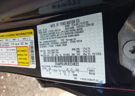 2020 Ford Fusion Hybrid Se from USA, damaged, VIN 3FA6P0LU9LR234832